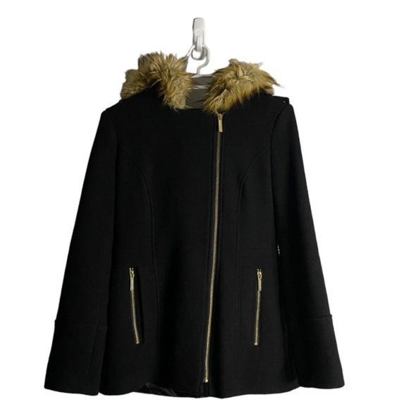 Michael Kors Women's Black Wool Faux Fur Hooded Jacket - Picture 1 of 9